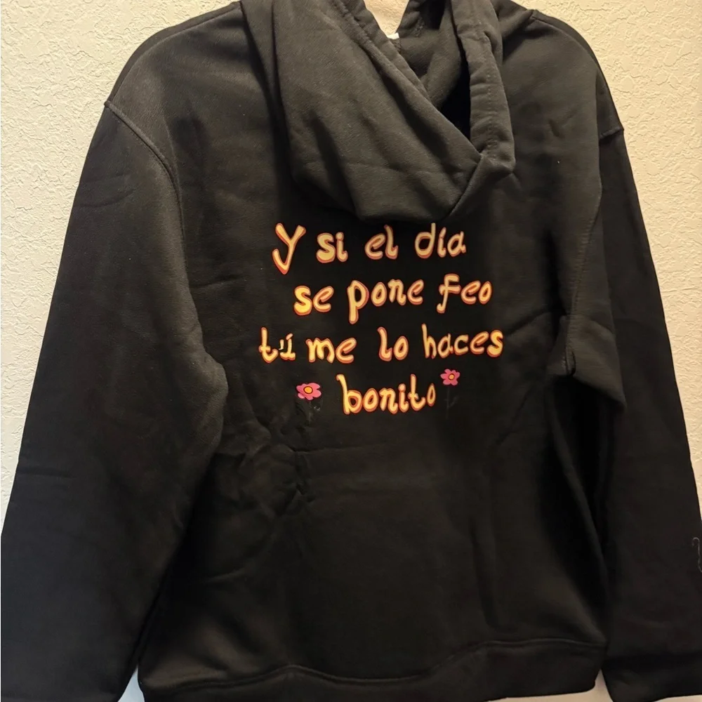Black Bad Bunny Graphic Hoodie with Tour Design Size XL